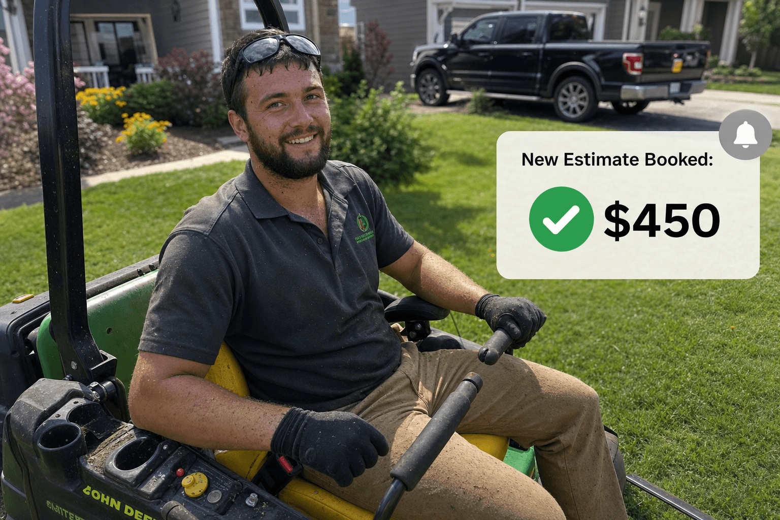 Landscaper on mower with new estimate booked notification